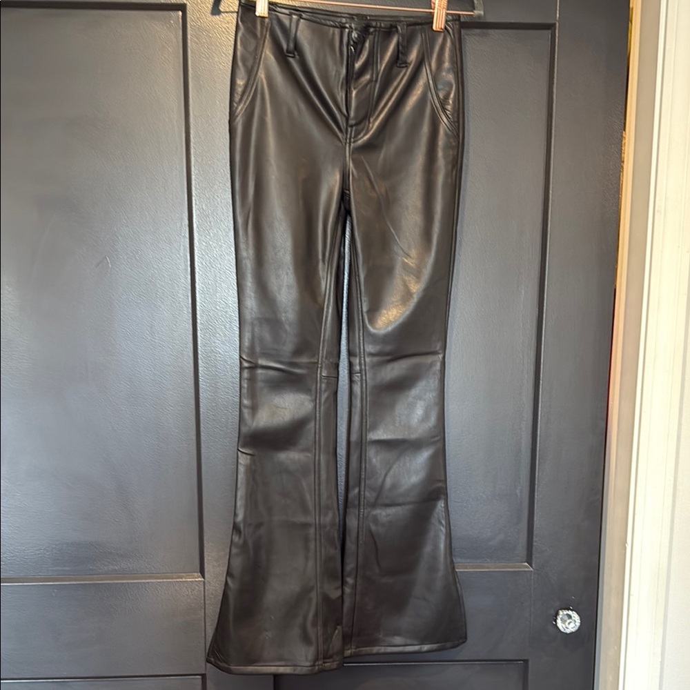 Free People Black Leather Split Hem Flare Pants NWT